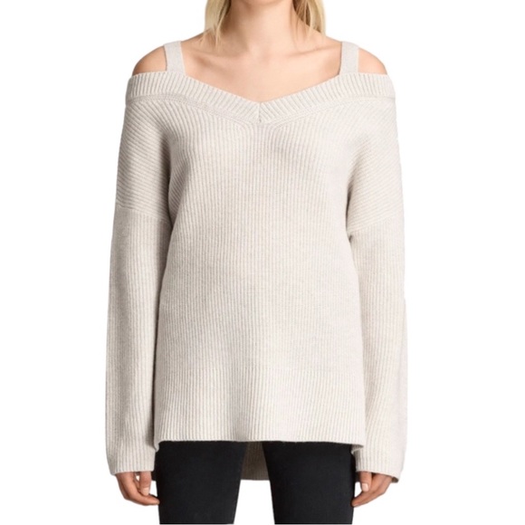 All Saints Dasha V Neck Cold Shoulder Cashmere Wool Blend Sweater Off White XS - Picture 4 of 8